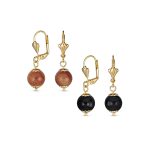 Set of 2 Round Brown Goldstone Black Onyx Drop Ball Earrings