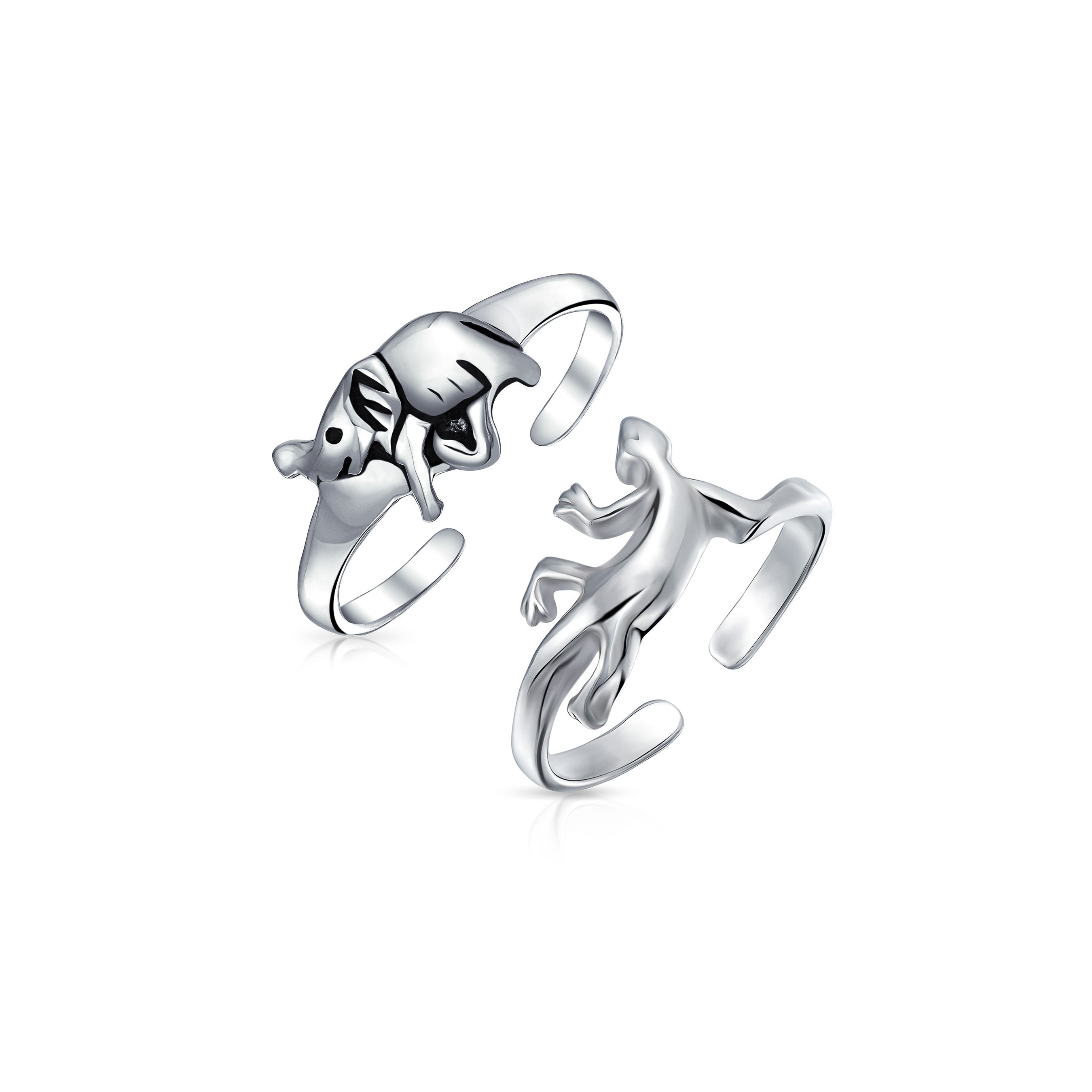elephant-sterling-silver-gecko-ring-midi-pmr-r11060-set-az Set of 2 Lucky Elephant & Gecko Lizard Toe Ring Midi Mid Finger Sterling Silver - Image 1