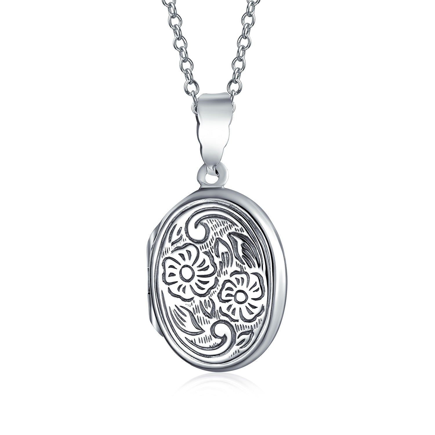 embossed-photo-oval-lockets-silver_sstr-p21352_1 Embossed Floral Sunflower Photo Oval Locket Necklace Pendant .925 Sterling Silver - Image 1