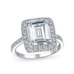 Art Deco Style 5CT Statement CZ Halo Emerald Cut Solitaire Engagement Ring Pave Band Sterling Silver
