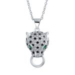 Art Deco Style Panther Pendant Necklace with Green Eye CZ