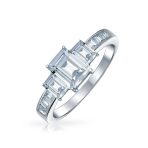 Three Stone Promise Engagement Ring 2CT Emerald Cut Past Present Future .925 Sterling Silver - Image 2
