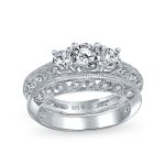 Filigree 3CT Round Solitaire 3 Stone CZ Engagement Ring Set Band Sterling Silver