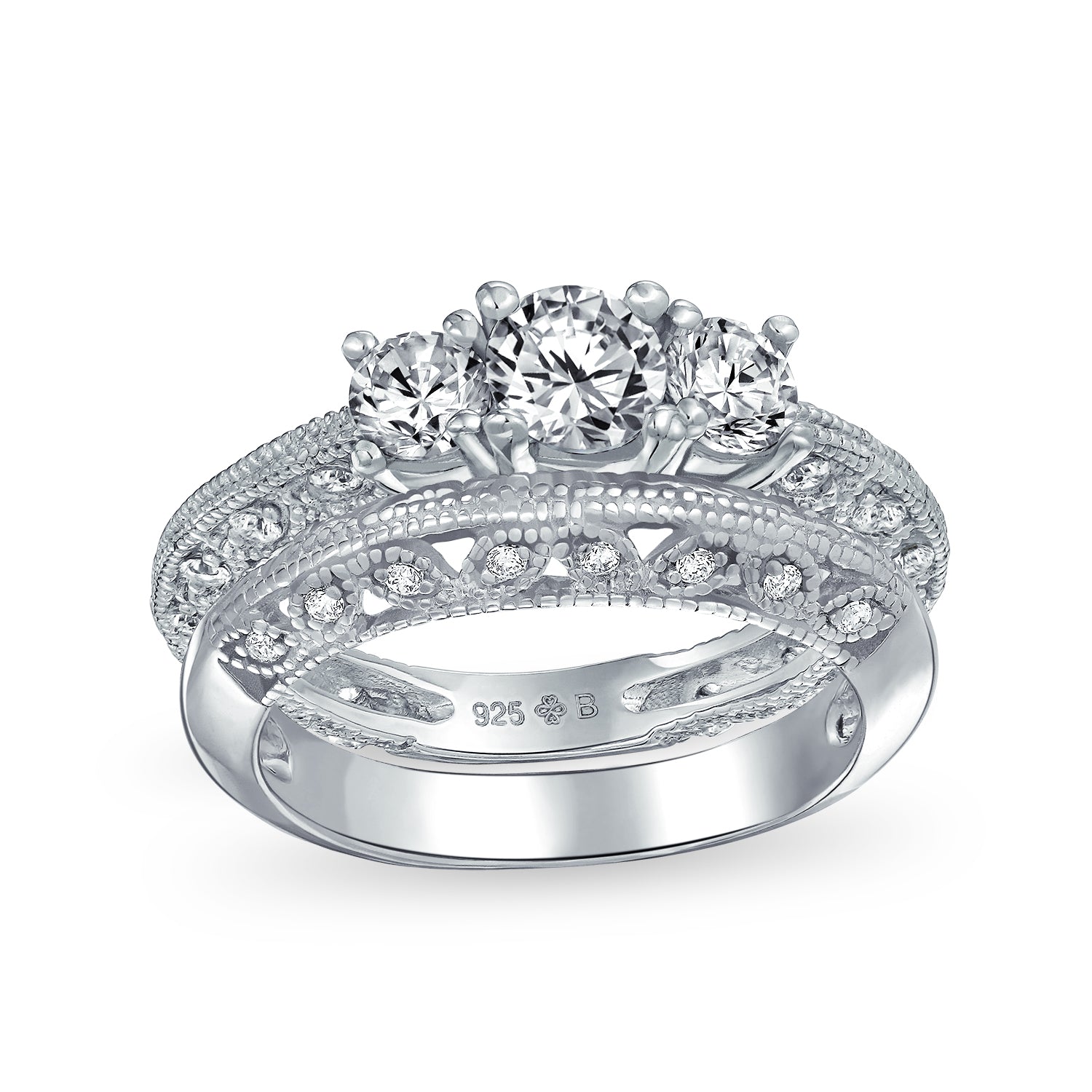engagement-filigree-solitaire-silver-ring_jho-r3903_1 Filigree 3CT Round Solitaire 3 Stone CZ Engagement Ring Set Band Sterling Silver - Image 1