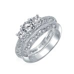 Filigree 3CT Round Solitaire 3 Stone CZ Engagement Ring Set Band Sterling Silver - Image 2