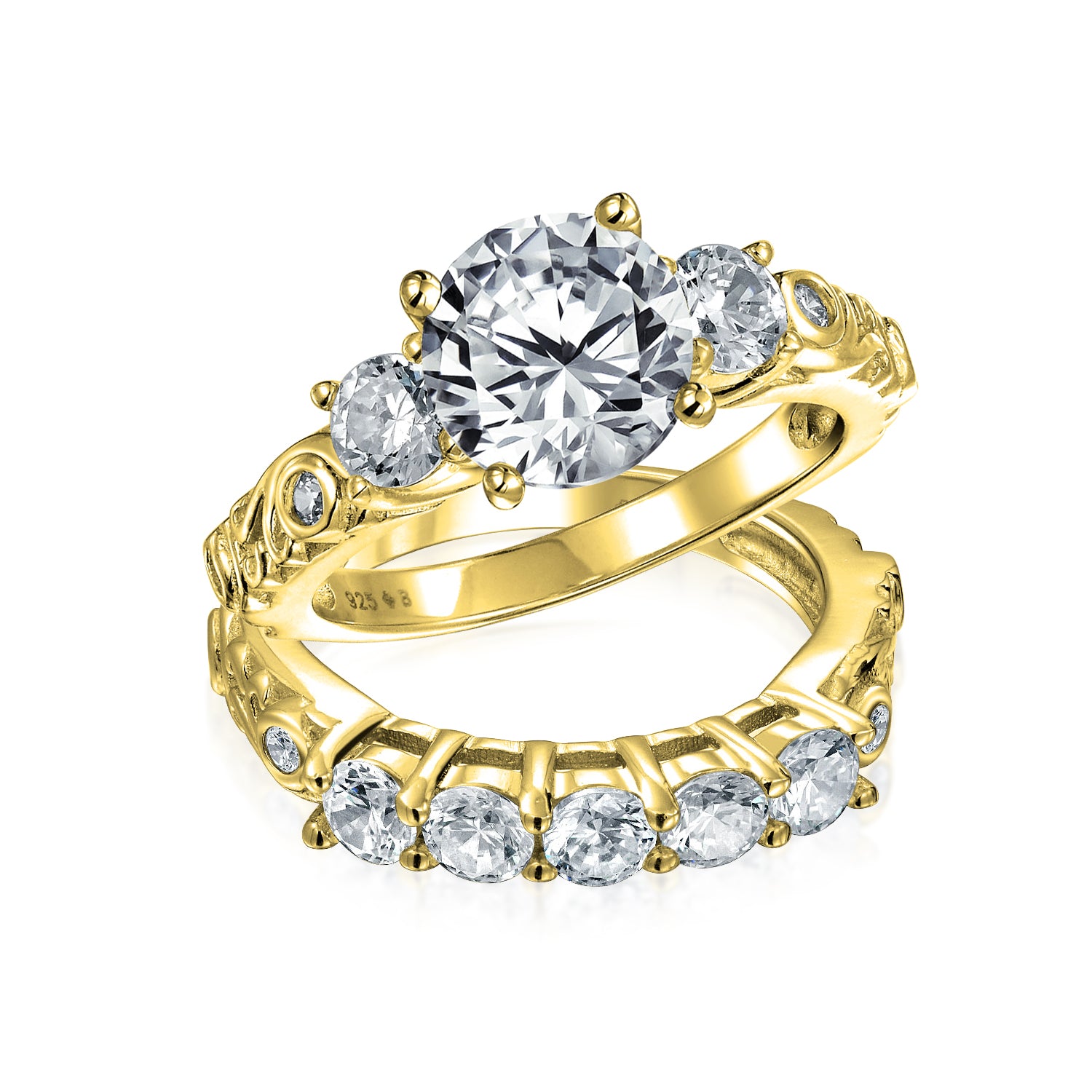engagement-gold-ring-cz-wedding_oa-11eb225g_1 3CT Round Solitaire 3 Stone Engagement Ring Set Cubic Zirconia Past Present Future CZ Sterling Silver - Image 1