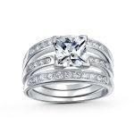 Traditional Square 2CT Solitaire CZ Triple Pave Band Statement Ring Set Silver