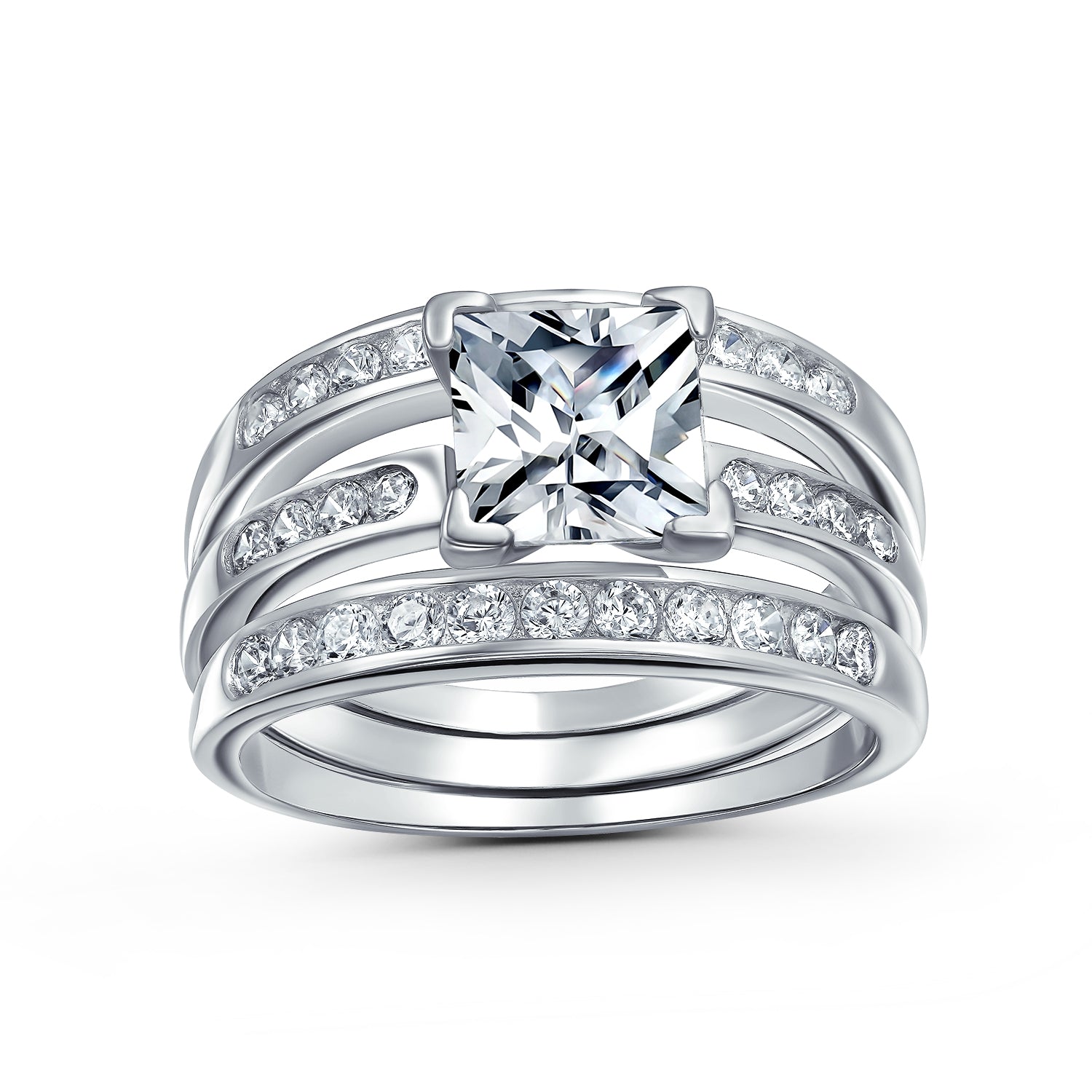 engagement-ring-solitaire-princess-cz_v-r71329_1 Traditional Square 2CT Solitaire CZ Triple Pave Band Statement Ring Set Silver - Image 1