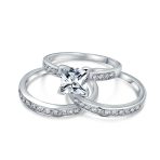 Traditional Square 2CT Solitaire CZ Triple Pave Band Statement Ring Set Silver - Image 2