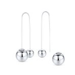 Geometric Long Wire Double Bead Ball Threader Earrings .925 Sterling Silver