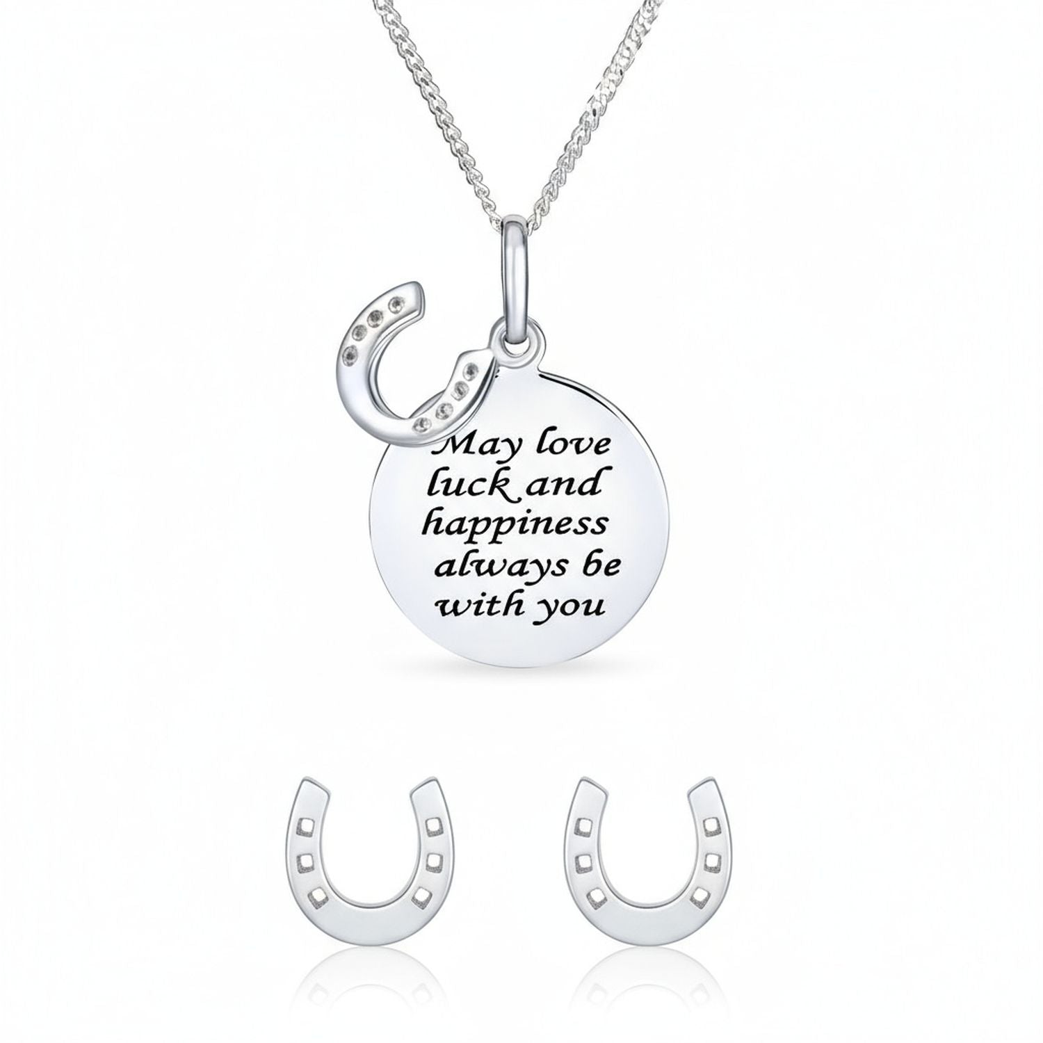 esquestrian-mantra-horseshoe-pendant-necklace-earrings-set_appl-jtn-20110715-set-az Round Inspirational Saying Quote CZ Horseshoe Necklace & Stud Earrings Set - Image 1