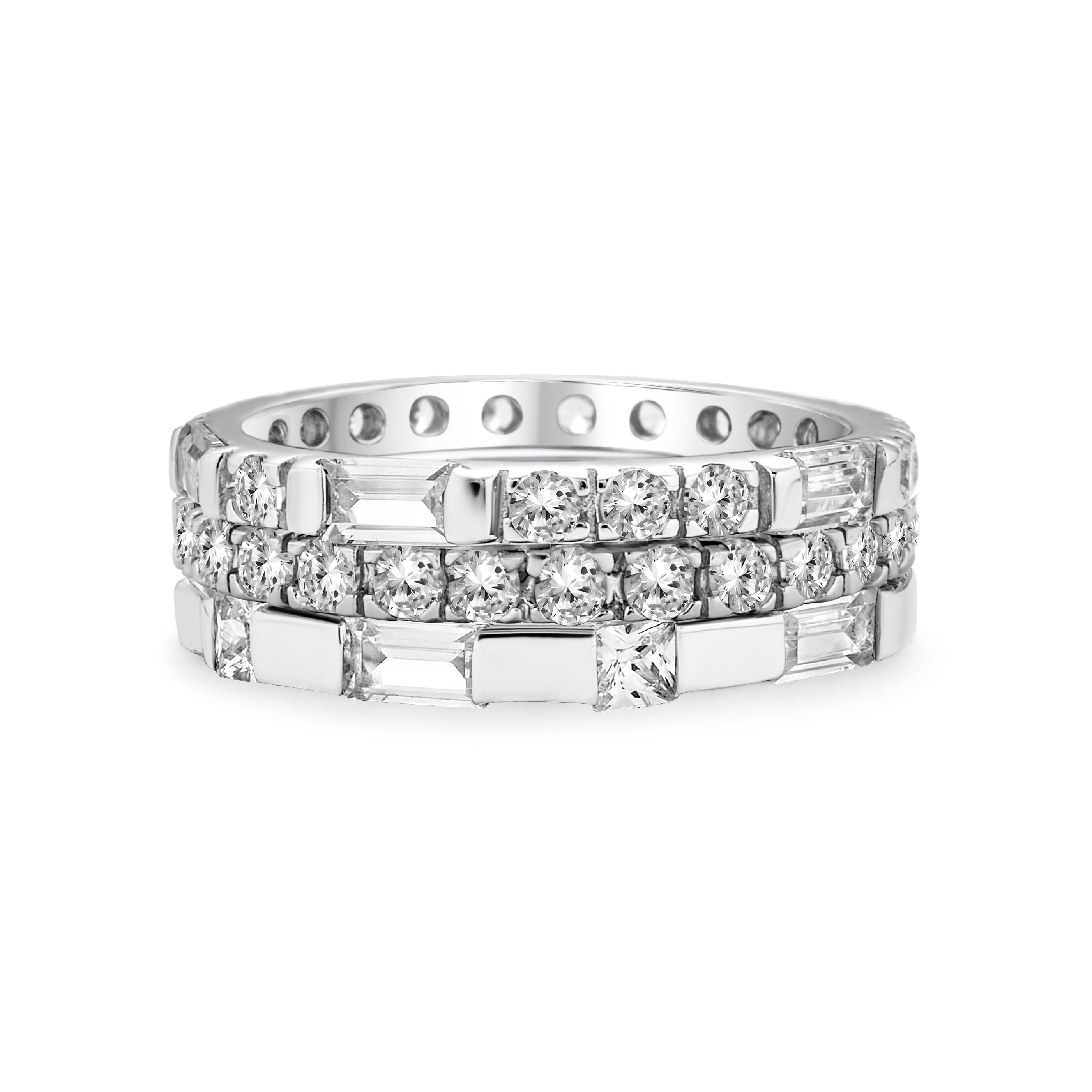 eternity-ring-set-triple-silver-cz_dt-lr2777_111 Geometric CZ Round Baguette Stackable Eternity Band Ring Set Sterling Silver - Image 1