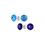 Set of 2 Spiritual Protection Evil Eye Stud Earrings Murano Glass Silver 9MM