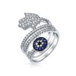 Spiritual Blue CZ Hamsa Evil Eye Wrap Bypass Statement Ring Silver Plated - Image 5