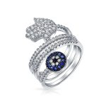Spiritual Blue CZ Hamsa Evil Eye Wrap Bypass Statement Ring Silver Plated