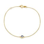 Simple Minimalist 14K Yellow Gold Amulet Tiny Blue Evil Eye Charm Bracelet 6.5-7.25" Adjustable