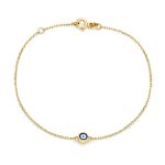 Simple Minimalist 14K Yellow Gold Amulet Tiny Blue Evil Eye Charm Bracelet 6.5-7.25" Adjustable