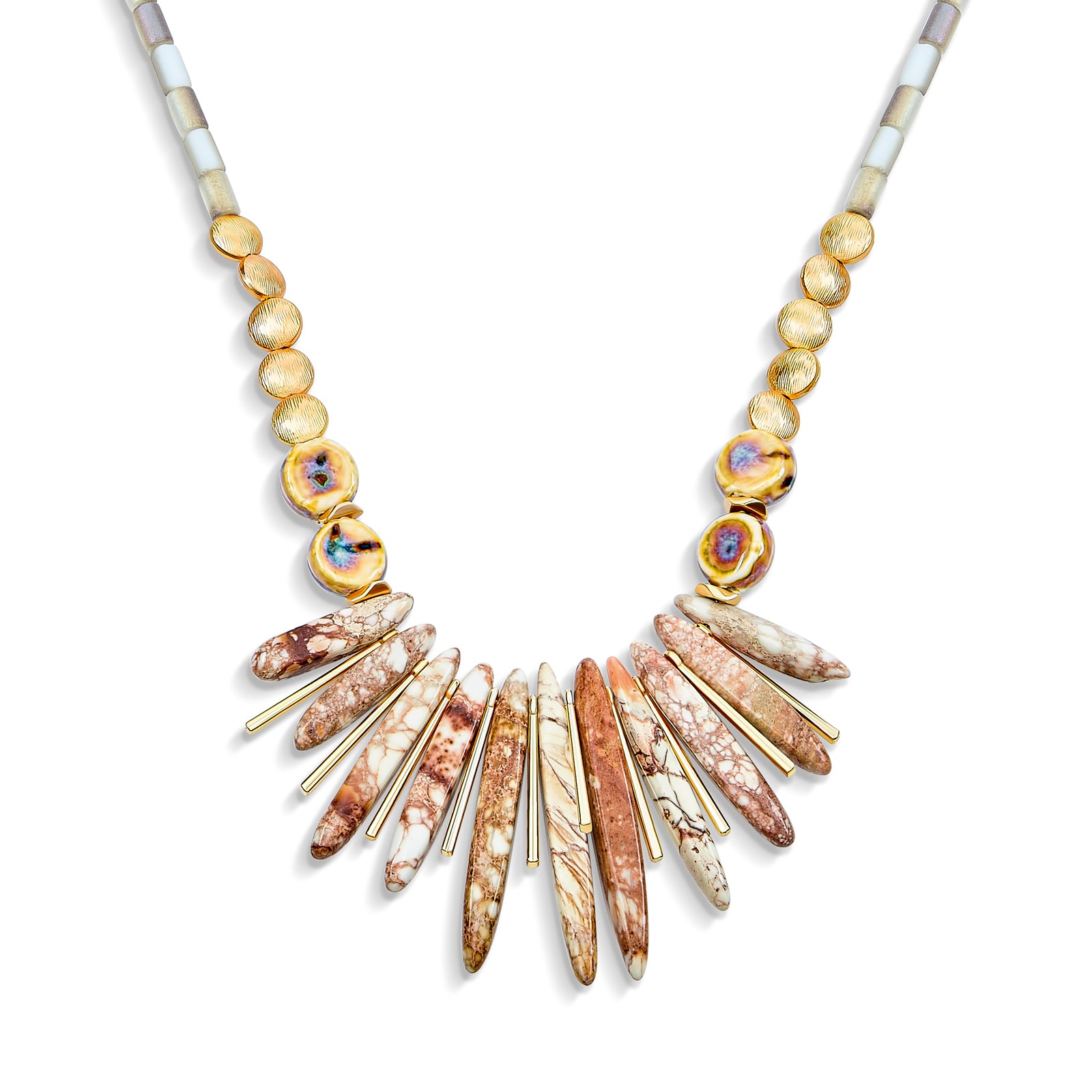 faceted-beads-earthy-organic-natural-fj-b819_1 Blue Speckle Irregular Stone Bib Fan Statement Collar Necklaces Adjustable - Image 1