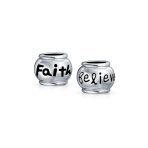 Set of 2 Word Faith & Believe Message Charm Bead Sterling Silver for Bracelet