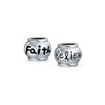 Set of 2 Word Faith & Believe Message Charm Bead Sterling Silver for Bracelet