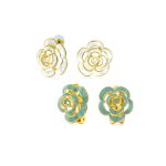 Set of 2 Fashion Enamel 3D Blue White Rose Flower Clip-On Earrings Button Style Gold Plated