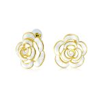 Fashion Enamel 3D White Rose Flower Stud Earrings Button Style For Non-Pierced Ears Gold Plated