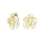 Fashion Enamel 3D White Rose Flower Stud Earrings Button Style For Non-Pierced Ears Gold Plated