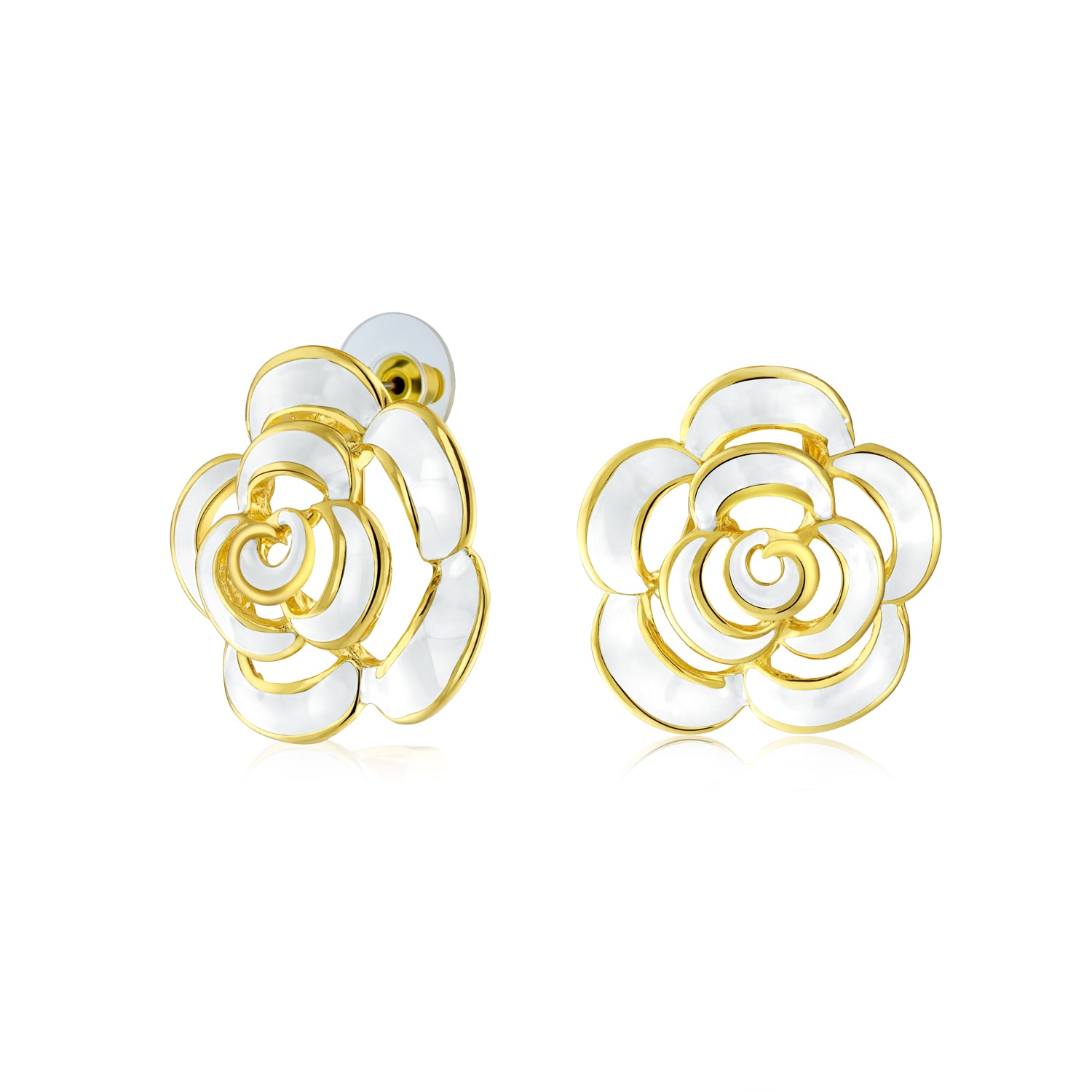 fashion-enamel-white-stud-flower-ag-se0201-wt-stud_1 Fashion Enamel 3D White Rose Flower Stud Earrings Button Style For Non-Pierced Ears Gold Plated - Image 1