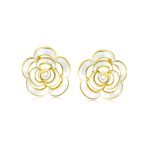 Fashion Enamel 3D White Rose Flower Stud Earrings Button Style For Non-Pierced Ears Gold Plated - Image 2