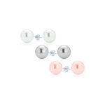 Set of 3 Grey Pink White Simulated Pearl Ball Stud Earrings Sterling Silver 12MM