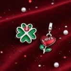 Set of 2 Flower Heart Dangle & Lady Bug Clover Charm Bead Enamel Sterling Silver - Image 2