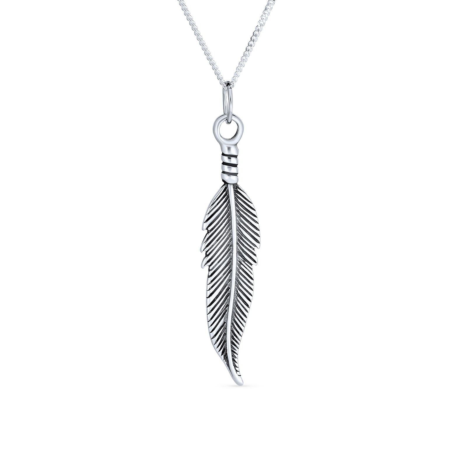 feather-silver-pendant-necklace-antiqued_appl-40504-az Nature Dangling Leaf Feather Pendant Charm Necklace Sterling Silver 18 Inch - Image 1