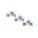Set of 3 Tiny Blue Red Pink CZ Stud Earrings Gold Plated Sterling Silver - Image 2