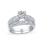 Vintage Style 1CT Round CZ Cubic Zirconia Solitaire Engagement Ring Set Filigree Band Sterling Silver