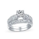 Vintage Style 1CT Round CZ Cubic Zirconia Solitaire Engagement Ring Set Filigree Band Sterling Silver