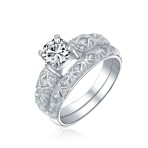 Vintage Style 1CT Round CZ Cubic Zirconia Solitaire Engagement Ring Set Filigree Band Sterling Silver - Image 2