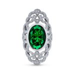 Art Deco Emerald Green Oval CZ Filigree Statement Full Finger Ring Silver Plated