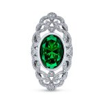 Art Deco Emerald Green Oval CZ Filigree Statement Full Finger Ring Silver Plated