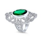 Art Deco Emerald Green Oval CZ Filigree Statement Full Finger Ring Silver Plated - Image 2