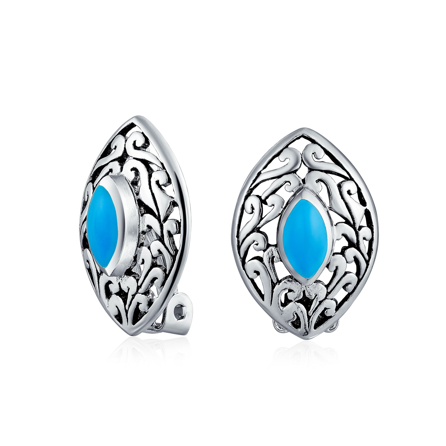filigree-marquise-turquoise-clip-earrings_ps-ter01369-tq-az_1 Filigree Marquise Blue Turquoise Clip-On Earrings Non-Pierced Sterling Silver - Image 1
