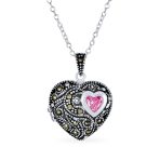 Butterfly Marcasite Pink CZ Heart Locket Necklace Rose Gold Sterling Silver - Image 2