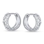 Open Heart Cut Out Filigree Huggie Mini Hoop Earrings Hinged Sterling Silver - Image 2