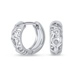Open Heart Cut Out Filigree Huggie Mini Hoop Earrings Hinged Sterling Silver