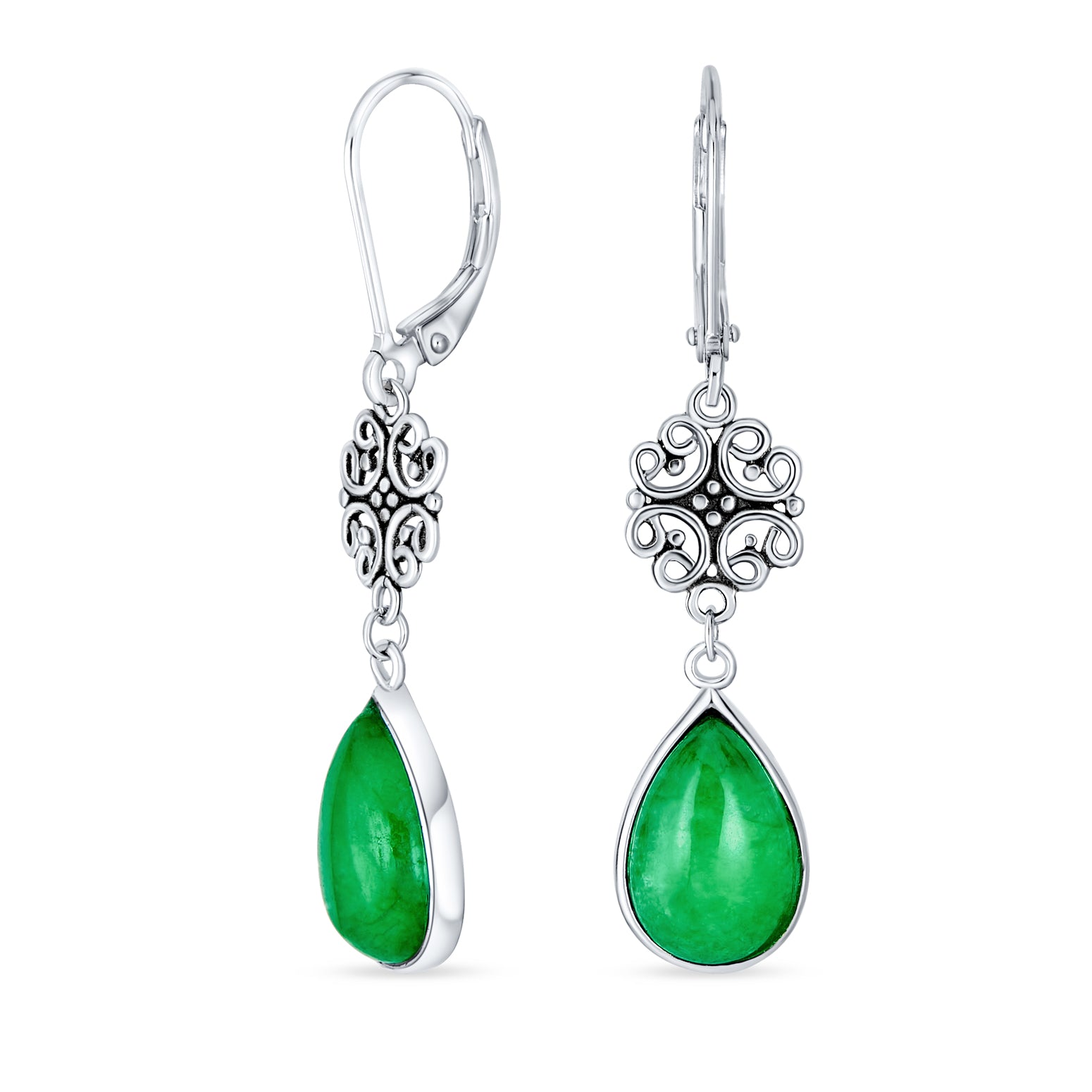 filigree-silver-jade-dangle-earrings_wj-swe0218-az-1 Dyed Green Jade Teardrop Dangle Gemstone Earrings in Sterling Silver - Image 1
