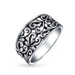 Vine Scroll Oxidized .925 Sterling Silver Open Swirl Leaf Heart Wide Band Ring 8MM