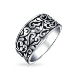 Vine Scroll Oxidized .925 Sterling Silver Open Swirl Leaf Heart Wide Band Ring 8MM