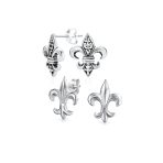 Set of 2 Fleur De Lis Stud Earrings in Oxidized and Polished Sterling Silver