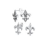 Set of 2 Fleur De Lis Stud Earrings in Oxidized and Polished Sterling Silver