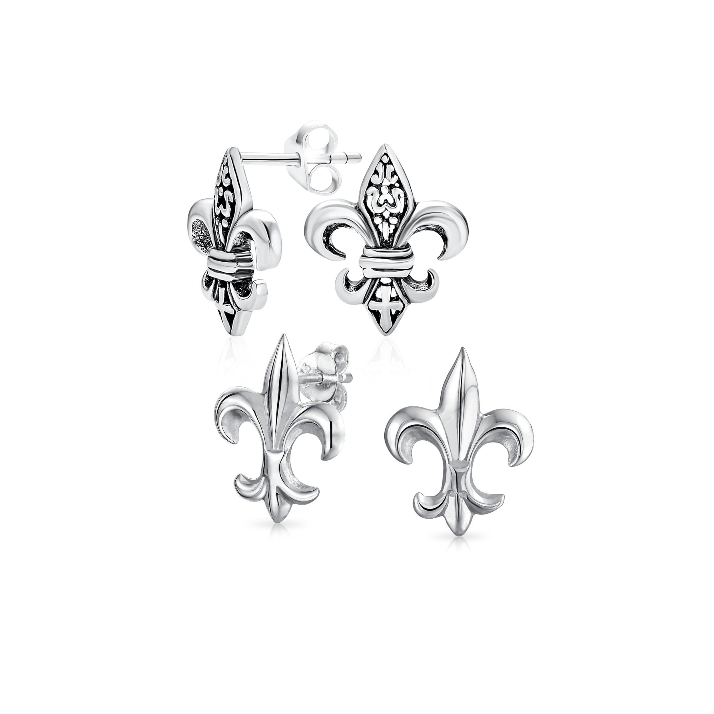 fleur-de-lis-earrings-stud-pmr-ep440349-set-az Set of 2 Fleur De Lis Stud Earrings in Oxidized and Polished Sterling Silver - Image 1