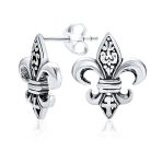 Fleur De Lis Stud Earrings in Oxidized Sterling Silver Men